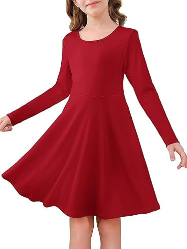 Haloumoning Robe pour fille à manches longues et col rond - Robe décontractée - Ligne A - Élégante - Couleur unie - Robe midi festive - Mariage - Robe pour enfants de 5 à 14 ans, rouge, 7-8 ans