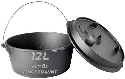 BIOL Dutch Oven - Marmite en fonte - 12 l - Avec lève-couvercle et couvercle à double fonction - Pour l'extérieur et l'intérieur - Noir