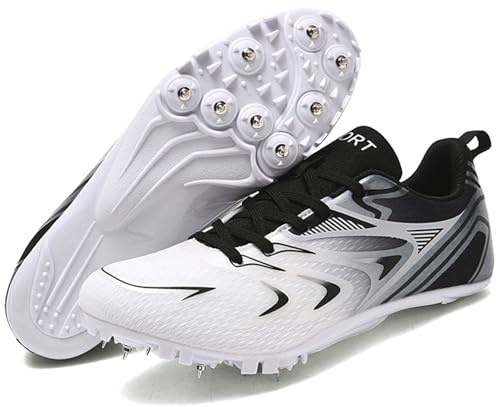 SDEQA Scarpe per Atletica Leggero Uomo e da Donna, 8 Chiodi Unisex Scarpe Traspiranti Junior Sprint Spikes Salto in Lungo Adult Concorso della,White Black,41 EU