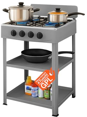 Piano Cottura 4 Fuochi Gas per Esterno con Struttura Resistente in Metallo, Ripiani Laterali in Acciaio, Collegamento Bombola GPL, Ideale per Campeggio e Grigliate (Grigio)