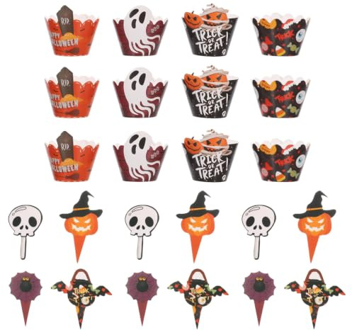 Halloween Cupcake Dekoration 48 Stück Cake Förmchen Mit Cupcake Toppern Geburtstagskuchen-Dekorationen Für Halloween Mottopartys KüRbis Geist