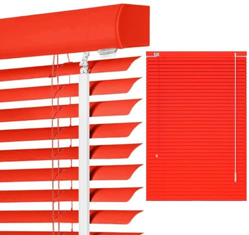 Easy Fit Aluminum Venetian Blind Blinds Window - 25mm Horizontal Slats for Home Window Treatment Shutters, with Aluminium Headrail & Matching Facia, No Drill No Tools(Red)