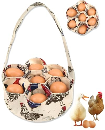 HUVZOR Cesta de Recogida de Huevos con 7 Bolsas, Cesta de Recogida de Huevos de Tela Portátil, Bolsas de Recogida de Huevos con Mango, Cesta de Recolección de Huevos para Recoger Huevos Frescos