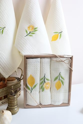 textile idea – Geschenkset aus 3 Geschirrtüchern 40×60 cm, 100% Baumwolle, Zitronen-Design mit aufwendiger Stickerei, weich, schnelltrocknend und saugfähig, ideal als Einweihungsgeschenk – 3 STK.