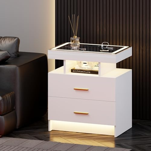 Lvifur Smart Bedside Table - with Charging Station & 3 Color Dimmable Light for Living Room White,Led Nightstand with Glass Top 2 Drawers,Night Stand with USB Type-C Port for Bedroom