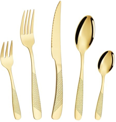 Joeczo 30-teiliges goldenes Besteck-Set für 6 Personen | 6 Gabeln, 6 Messer, 6 Löffel, 6 Kuchengabeln & 6 Teelöffel, aus Edelstahl