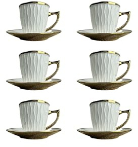 VKZ Set 6 Tazze da Caffè e Tè in Ceramica da 120 ml con Piattini, Servizio da Caffè, Tazza e piattino bianchi dal design minimal