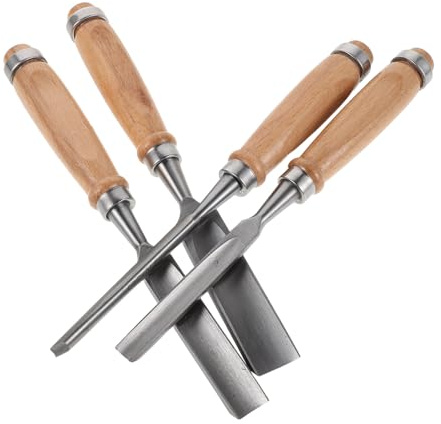 WEKADRIN Set da 4 Scalpelli per Intaglio del Legno in Acciaio al Cromo Vanadio Impugnatura Ergonomica in Legno Lame Semi-curve 6/12/18/24 Mm per Falegnami e Lavori di Restauro