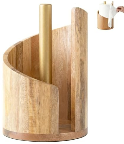 KINDLUME Kompakter Küchenrollenhalter Holz Stehend – 15cm Kleiner Papierrollenhalter Gold-Optik für Standardrollen, Platzsparender Hölzern Handtuchrollenhalter für Tischplatte, Kleine Küche
