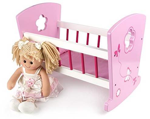 BAYAGU Rosa Puppenwiege aus Holz mit Puppe und Bettwäsche, Schaukelbett 46 x 28 x 34 cm, Puppenbett Komplettset mit Matratze, Decke und Kissen für Kinder ab 3 Jahren
