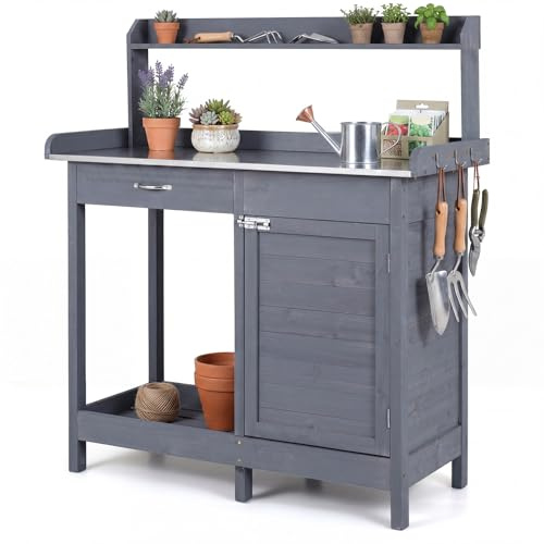 COSTWAY Garden Potting Table, Wood Potting Bench with Stainless Steel Tabletop, Cabinet, Drawer, Shelf & Hooks, Planting Germination Workstation for Patio Balcony Yard (112x46.5x125.5cm,Grey)