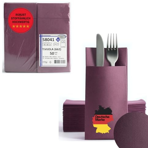 AROBA 50 Stück Vorgefaltete Airlaid Besteckservietten - 39x40 cm Stoffähnliche Einweg-Bestecktaschen mit Serviette, Robust & Besonders Saugstark - für Catering, Events, Hotel & Party - Violett