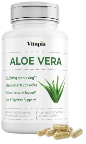 Organic Aloe Vera Capsules 20% Aloins Supplement - Pure Inner Leaf Gel Concentrate - Digestive, Gut Health, Skin, Immune Support - 120 Count - Non-GMO, Gluten-Free, Vegan
