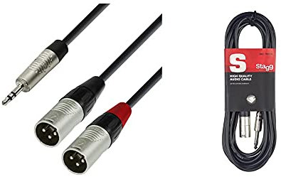 Adam Hall Cables K4YWMM0180 Série 4 Star Câble Audio REAN Jack 3,5 mm stéréo vers 2 x XLR Mâle 1,8 m & Stagg SAC3PXM DL Câble d'Instrument Deluxe XLR Mâle à Jack 3 m Noir