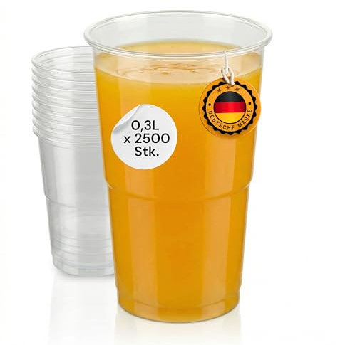 LogiPack GeRo 2500 Stück Trinkbecher | Eichstrich 0,3l | Bierbecher Plastikbecher Einwegbecher aus Kunststoff PP (Polypropylen), Transparent klar | Ausschankbecher