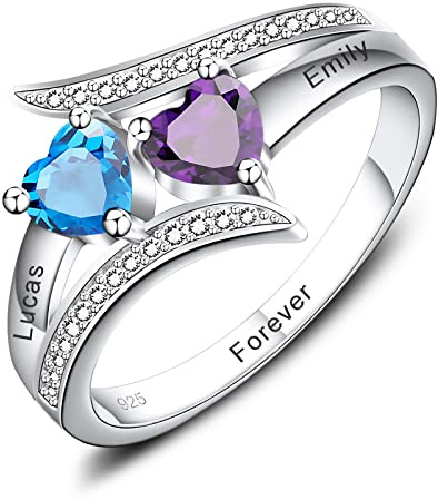INBLUE Bagues de Maman PersonnaliséEs, Bague Argent Femme/Bague Prenom/2-4 Pierres de Naissance, S925 Sterling Silver Bague Personnalisable Cadeau pour la FêTe des MèRes (B2,62)