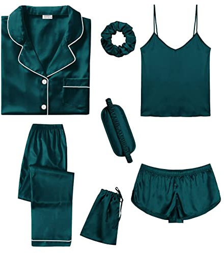 SWOMOG Womens 7pcs Silk Satin Pyjama Set Short Sleeve Button Down Shirt Camisole Shorts Pants Pjs Set Eye Mask with Silky Hair Band Deep Green Large