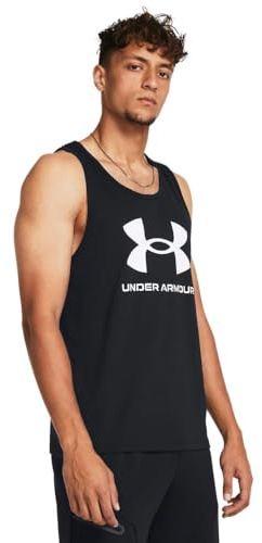 Under Armour UA Sportstyle Logo Tank Camiseta de hombre ligera y de secado rápido, camiseta sin mangas para correr o hacer deporte, color negro/blanco