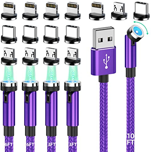 3 in 1 Nylon Braided Magnetic USB Cable - 5 Pack, 3/6/10 Feet, Rotatable for iPhone/Micro USB/Type C Devices - Purple