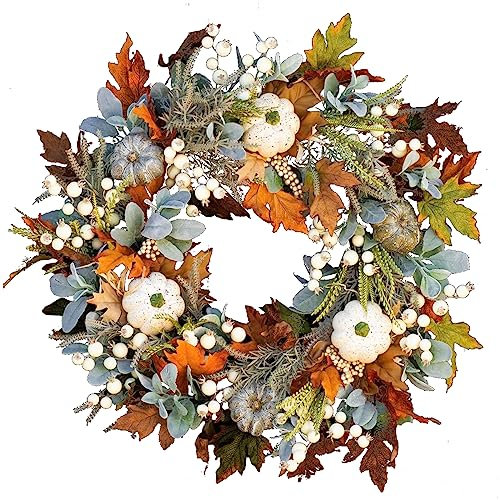 Couronne de Porte d'automne de Ferme de Thanksgiving, Récolte d'automne, Couronne de Citrouille Blanche d'automne, Couronne de Couronne d'automne Faite à la Main, Baies Vertes pour Décorations(#1)