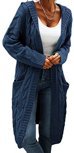 GeGekoko Cardigan da Donna con Cappuccio, Manica Lunga, Cardigan in Maglia Grossa, Aperto sul Davanti, Maglione Casual Autunnale e Invernale con Tasche, Blu Scuro, L