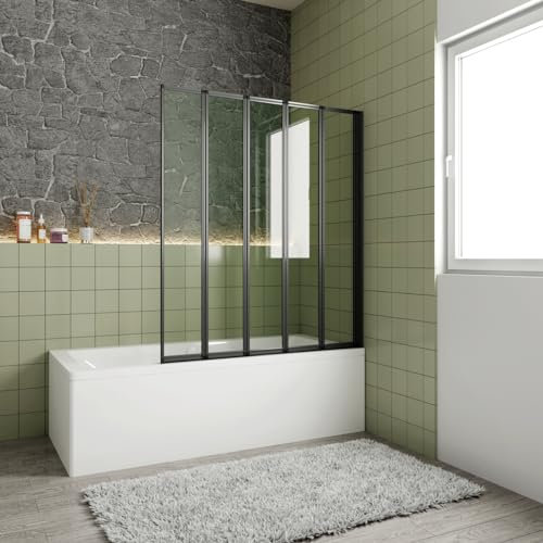 Sopravasca Parete Vasca 120x140 cm 5 ante Pieghevoli a Libro Vetro Temperato 4 mm Telai Neri Opachi