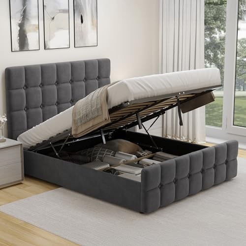Ottoman Small Double Bed Frame, Upholstered Gas Lift Up Bed Frame with Storage, Ottoman Storage Bed with Gas Lift End Opening Wooden Slats, (4ft Dark Grey Small Double, No Mattress Included)
