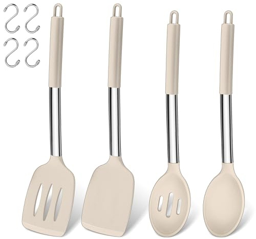 Küchenhelfer Set, Joyfair 4 Stück Silikon Pfannenwender und Kochlöffel Set, Hitzebeständig Küchenutensilien mit Edelstahlgriff, Kochbesteck für Kochen/Backen/Flip, Spülmaschinenfest - Khaki