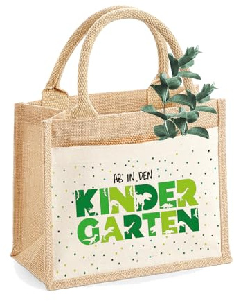 AMBERGER DESIGN by A&M Osterhage amd Jute-Tasche Ab in den Kindergarten Motiv Dinosaurier | Jute-Beutel Kinder personalisiert | Größe S Kita-Geschenk