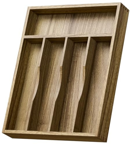 Kiasthome Acacia Wood Silverware Drawer Organizer, Kitchen Utensil Cutlery Drawer Organizer with Grooved Dividers, Flatware Organizer Silverware Tray Holder for Spoon, Fork, 11''x13.8'' (5 Slots)