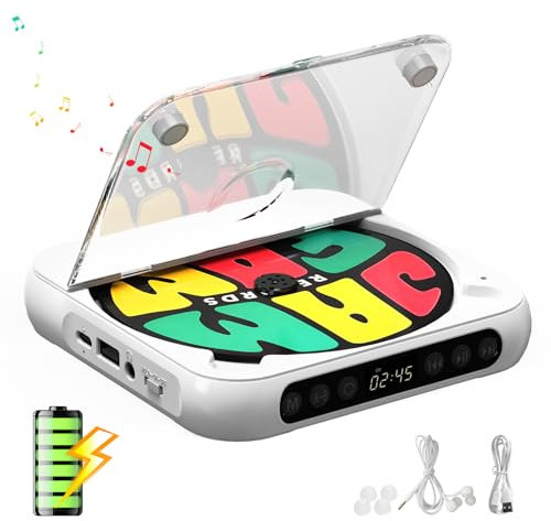 Portable CD Player with Bluetooth, Rechargeable CD Player for Home, Built-in HiFi Speakers, Headphones, LCD Screen, Supports CD/AUX/USB and Repeat Modes,White