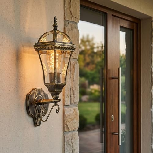 HOFSTEIN Außenwandleuchte Lavajo, Außenwandlampe aus Metall/Glas in Gold/Schwarz/Klar, Wandleuchte außen im Vintage/Antik/Landhaus-Design für Garten, Außenfassade, Außenbereich, Hof, E27, IP44