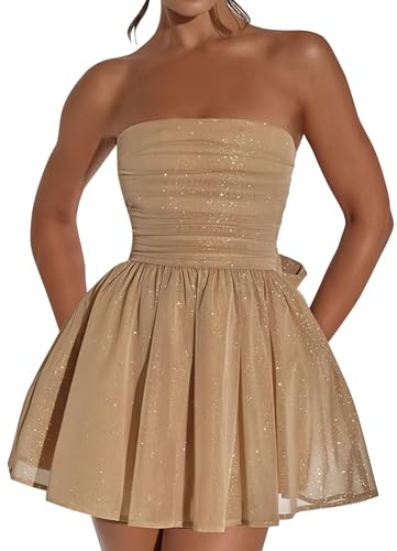 Hanaoops Mini Robe Paillettes Femme de Soirée Cocktail Sexy Epaules Dénudées Moulante sans Manches Dos Nu en Tulle Pailleté Clubbing Fête avec Nœud