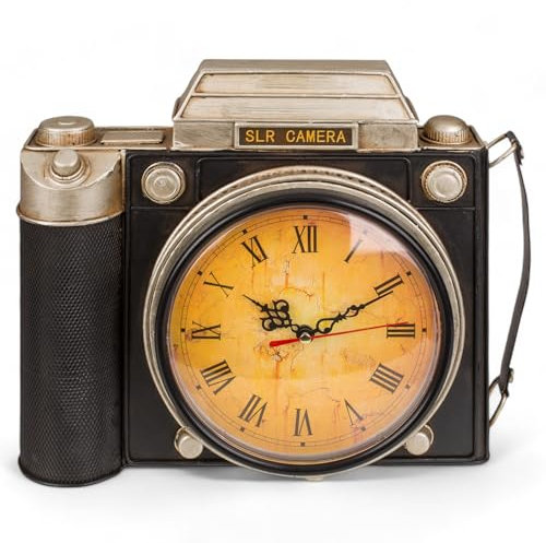MIJOMA Camera retrò portachiavi con orologio – design vintage fotocamera in metallo, ca. 23 x 8,5 x 29 cm, decorazione da parete in stile retrò