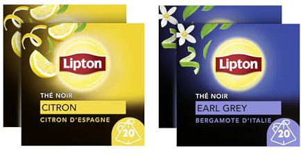 Lipton, Thé Noir, Pack de 4 Boites de thé, x2 Bergamote d'Italie + x2 Citron d'Espagne, 2x40 sachets, 80 Sachets
