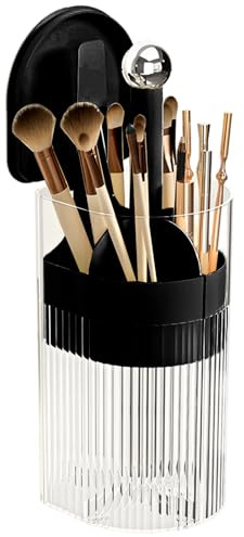 YIEZI Makeup Brush Holder with Lid，One-Hand Press Open/Close Mechanism Cosmetic Tools Organiser，Clear Waterproof Dustproof Make Up Storage for Vanity, Bathroom Countertop-Black-Silver Ball