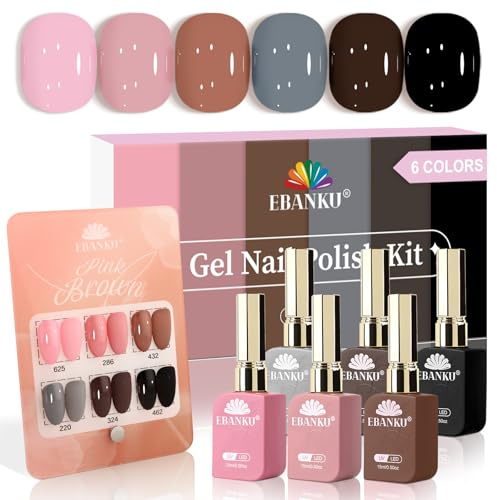 EBANKU 6 Colores 15ML Esmaltes Semipermanentes para Uñas, Nude Rosa Negro Blanco Marrón Esmalte en Pintauñas gel semipermanente Soak Off UV LED para Manicura Casera Salón