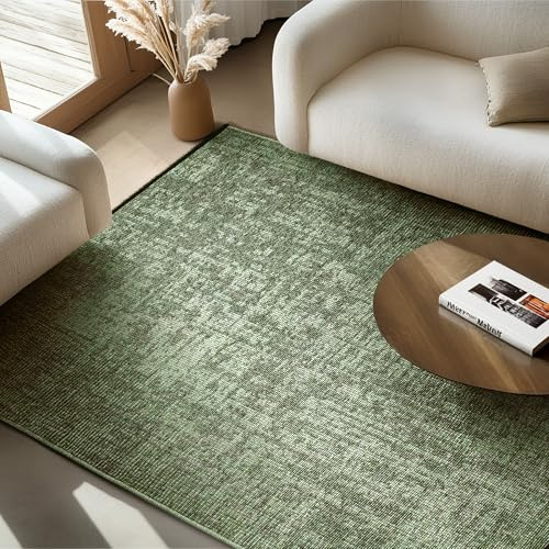 SIMPEX Baumwolle Teppich Grün 200x290 cm - Waschbar, Boho-Stil, Vintage Kelim, Kurzflor, rutschfest & Weich, Einfarbig Meliert, Für Wohnzimmer, Schlafzimmer, Büro & Küche