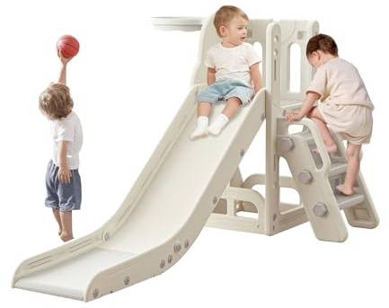 Baotree Toddler Slide,Kids Climber Slide with Storage Space and Non-Slip Steps,Indoor Outdoor Playset with Basketball Hoopa and Telescope,Slide for Toddlers Age 1-3 (White)