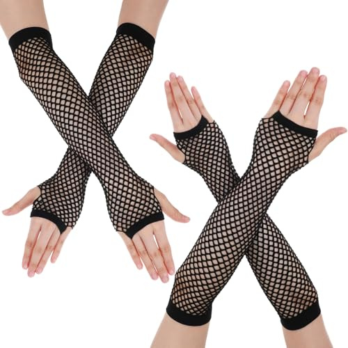 Quilax 2 Pairs Fish Net Gloves Fingerless Fishnet Gloves, Fishnet Long Glove, Fingerless Mesh Glove, 80s Party Cosplay Costume Accessories, Fish Net Arm Sleeves for Women Girls