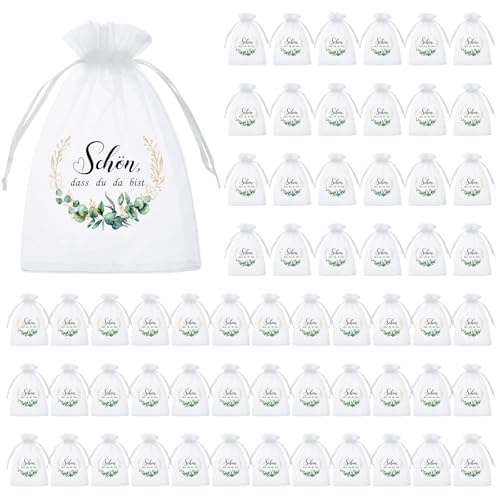 Hestya 60 Stk Schön dass du da bist Gastgeschenke Organzabeutel zu Hochzeit | Organzasäckchen für Firmung, Mitgebsel Geschenktasche, Schokolade Kekse Geschenktüte, für Taufe Geburtstag