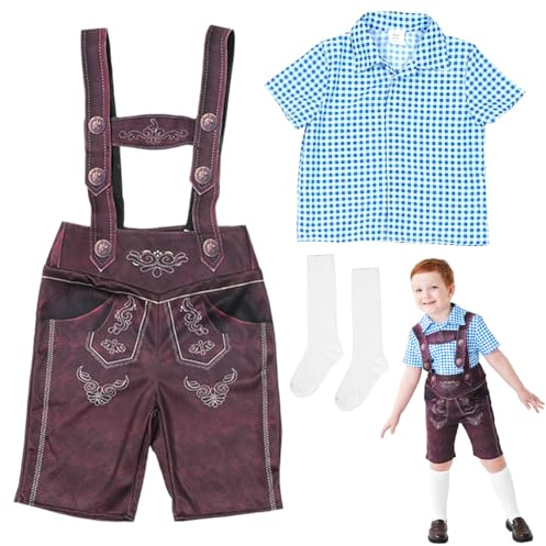 Pipihome Trachtenset Kinder Oktoberfest Kostüm Set, TrachtenlederhosenFestliche, 3 Teilig Jungen Kurze Trachtenhose mit Kariert Trachtenhemd und Trachtensocken für Bierfest, Volksfes(Blau, 4-6 Jahre)