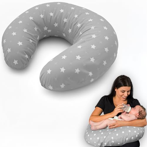 Flowen Cojín Lactancia Bebé y Almohada Embarazada Idea Regalo para Nuevas Mamás con Funda de 100% Algodón Almohada Multifuncional para Apoyo Espalda y Relleno Suave Accesorio de Maternidad