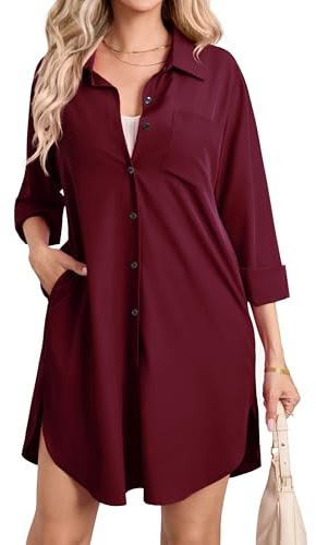 Enmain Womens Long Sleeve Blouse Shirt Dress Button Up Tunics with Pockets Casual Blouses Tops Wine Red XL