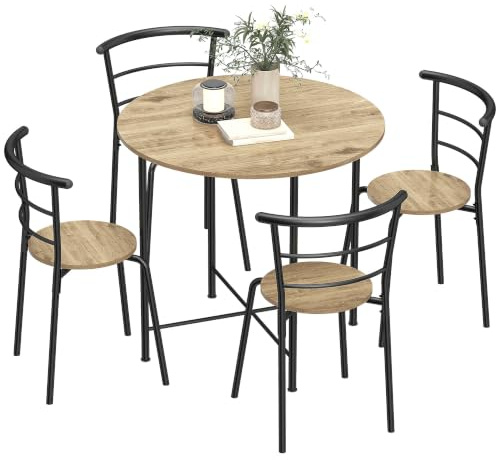 HOMCOM Juego de Mesa y Sillas de Comedor Compact 4 Sillas Ø85x76 cm Natural | Estilo Industrial, Mesa de Cocina Redonda, Marco Metálico, para Salón y Espacios Pequeños