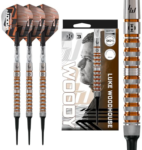 Harrows Luke Woodhouse Woody 90% Tungsten Darts, Serie 3 Softtip Darts Set 18g mit klaren C-360 Shafts & Silika Flights – Professionelle Softtip Darts für elektronische Dartboards - 18g