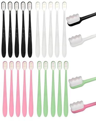 HUVZOR 20 PCS Extra Weiche Zahnbürsten,Weich Mikro Nano Manuelle Zahnbürste mit 20.000 Borsten für Zerbrechliches Zahnfleisch Erwachsene Kinder(Schwarz,Weiß,Grün,Rosa)