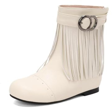 Générique Bottes Femme À Franges Cuir Synthétique Bout Rond Double Boucle Confortables Antidérapantes Résistantes pour Quotidien Casual Fête,Blanc,42.5 EU