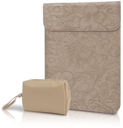 Hinnwer 15-16 Zoll Laptoptasche Hülle, Geprägte Blumen Leder Laptop Sleeve Case mit Tasche für MacBook Air 15, MacBook Pro 15/16, Surface Acer Asus Dell Lenovo HP Huawei MateBook - Braun