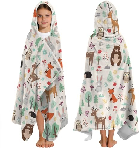 Kapuzenhandtücher für Kinder mit Waldtiermotiven 130 x 100 cm – Poncho-Handtücher für Jungen, Mädchen & Teenager – Strandtuch für Schwimmbad & Freizeit – Tragbares Badetuch im Waldtier-Design